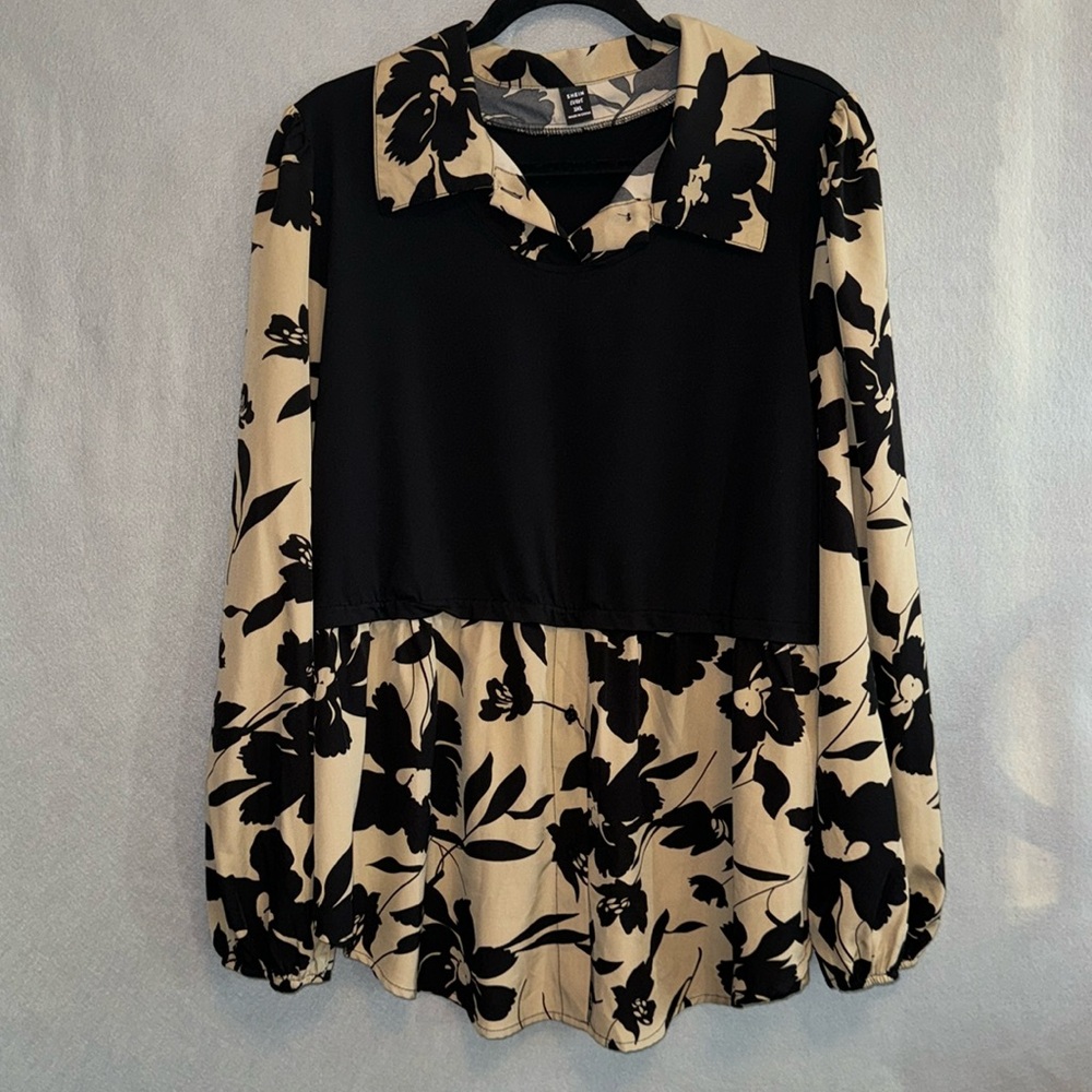 Floral Print Motif Long Lantern Sleeve Top / Blouse